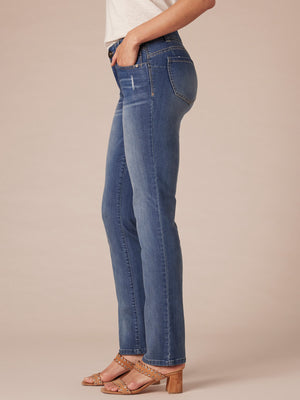 Distressed Stretch Blue Denim Petite Women's "Ab"solution Straight Leg Jeans