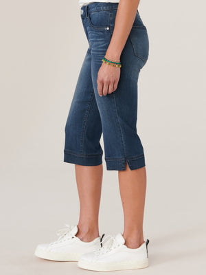 Absolution Mid Rise Cropped Capri Dark Indigo Denim Split Hems Jeans Bamboo Stretch Viscose Tanboocel Soft Denim