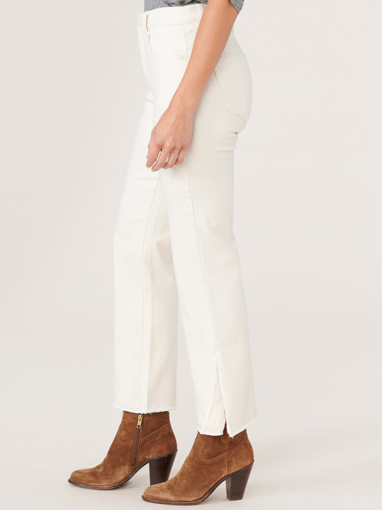Blanched Almond "Ab"solution High Rise Cropped Fray Split Curve Hem Barely Boot Jeans