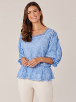 Provence Blue Elbow Banded Scallop Edge Bonnet Sleeve Square Crochet Neck Peplum Mineral Wash Woven Top 