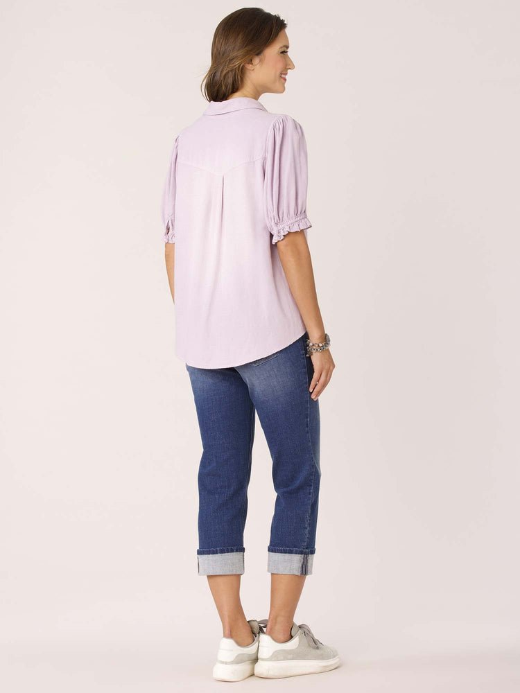  Smokey Lavender Blouson Short Sleeve Western Snap Button Front Woven Shirt