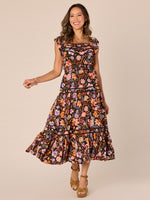 Black Coral Multi Rouble Ruffle Cap Sleeve Square Neck Smock Waist Tiered Ruffle Skirt Printed Woven Dress