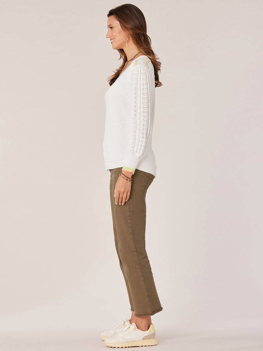 Apparel- Hem and Thread Square Neck Pointelle Sleeve Sweater White