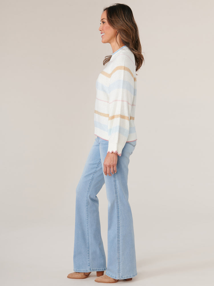 Off White Airy Blue Multi Three Quarter Scalloped Edge Raglan Sleeve High Round Neck Multi Color Stripes Tipping Detail Petite Sweater