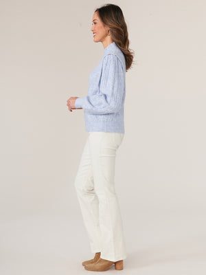 Sky Blue Vintage Long Blouson Sleeve Flange Shoulder Mock Neck Petite Sweater