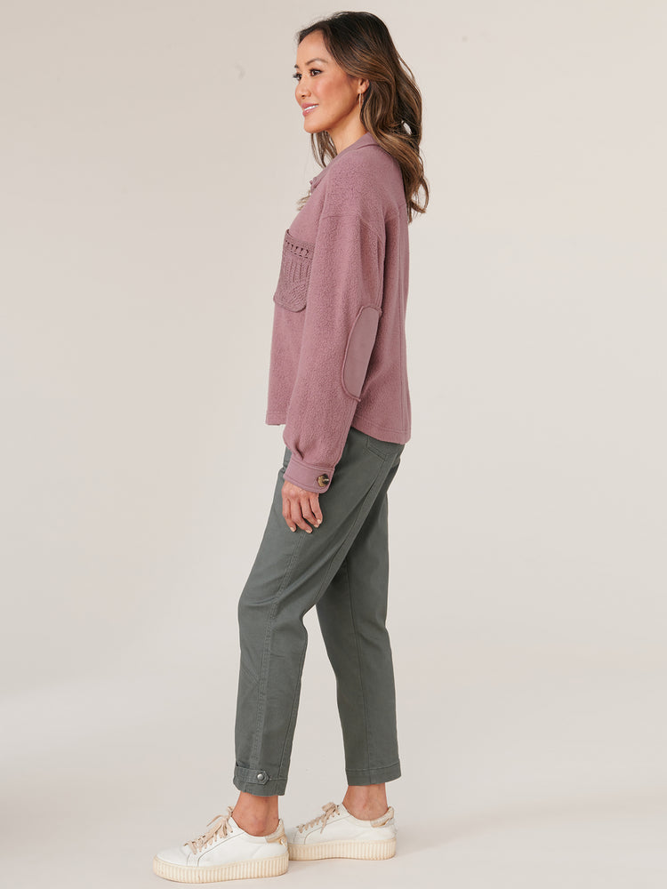 Rose Taupe Long Sleeve Elbow Patch Button Up Cropped Surplus Hem Jacket Passimenterie Patch Pocket Jacket 