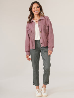 Rose Taupe Long Sleeve Elbow Patch Button Up Cropped Surplus Hem Jacket Passimenterie Patch Pocket Jacket 