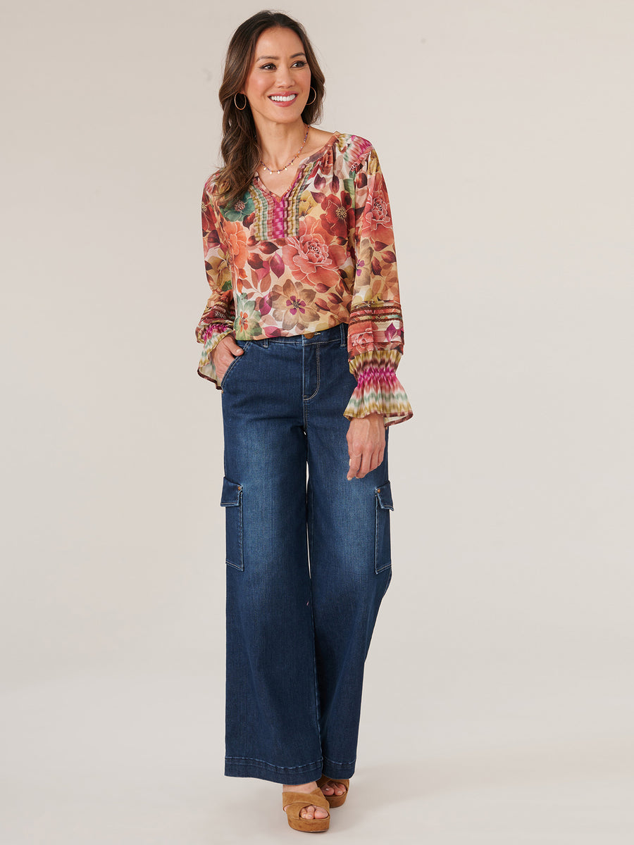 Long Blouson Sleeve Split Scoop Neck Half Placket Printed Woven