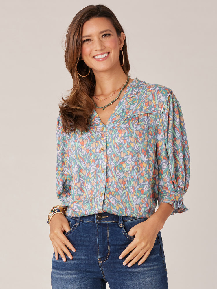 Marble Airy Blue Multi Cinched Lantern Sleeve Ruffle Edge V-Neck Printed Woven Top