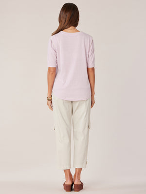 Heather Smokeu Lavender Elbow Sleeve Flange Shoulder Contrast Stitch Scoop Neck Embroidery Detail Knit Top