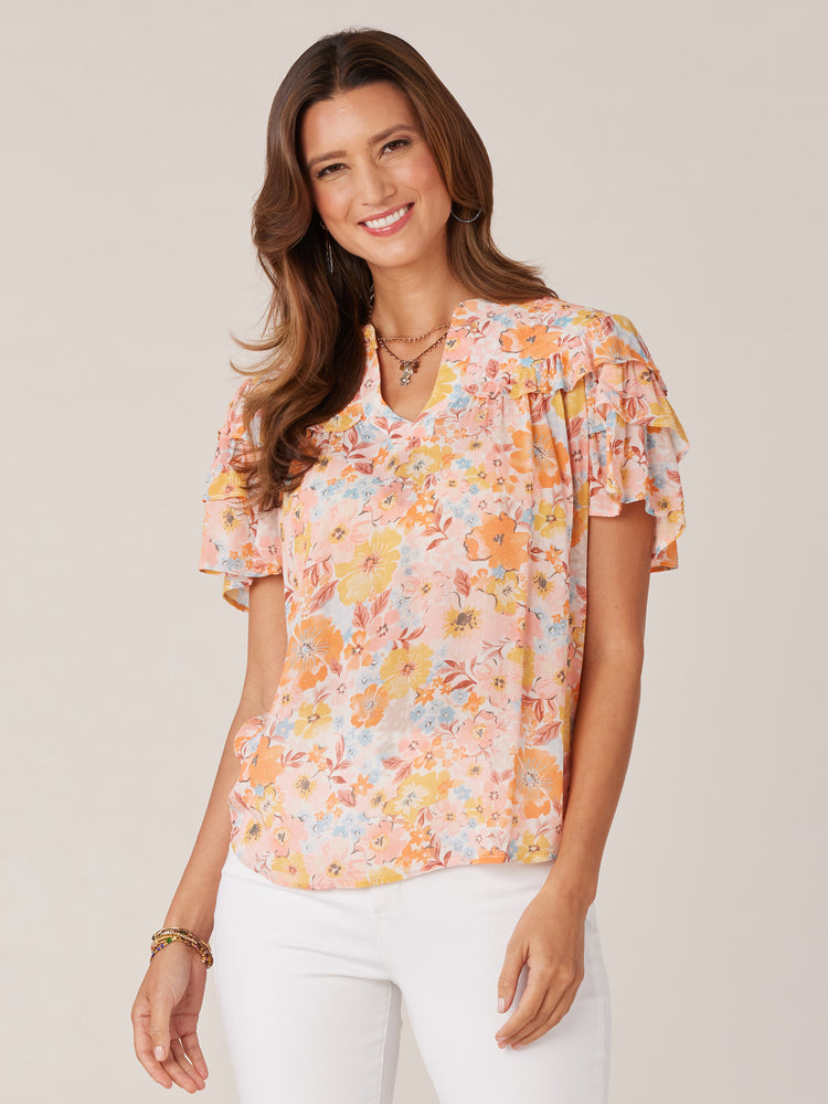 Strawberry Cream Multi Short Triple Flounce Sleeve Quilted Placket Yoke V-Notch Neck Floral Print Woven Top