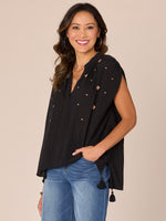 Black Extended Ruched Shoulder Cap Sleeve Half Placket Stand Collar V-Neck Tassel Placement Jacquard Woven Top