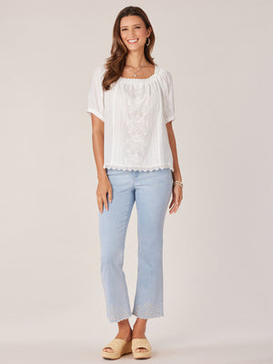 Off White Short Puff Sleeve Crochet Detail Ruched Square Ruffle Neck Split Scallop Hem Woven Top