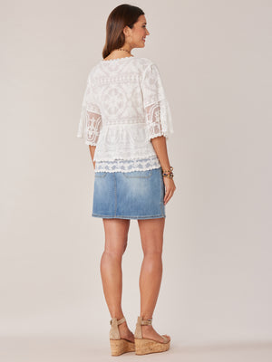 White Three Quarter Scallop Bell Embroidered Sleeve Double Flounce Peplum Scoop Neck Woven Top