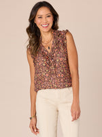Dark Roast Canyon Rock Multi Sleeveless Ruffle Armhole Ruched Stand Collar V-Neck Floral Print Woven Tank Top