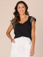 Black Off White Cap Flutter Embroidered Scallop Edge Sleeve Deep Sweetheart Neck Mixed Media Knit Top