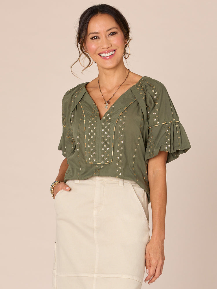 Rolling Hill Green Short Bubble Sleeve Embroidered Placket Spliced V-Neck Woven Top