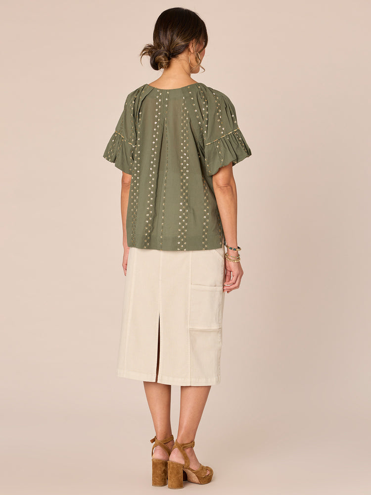 Rolling Hill Green Short Bubble Sleeve Embroidered Placket Spliced V-Neck Woven Top