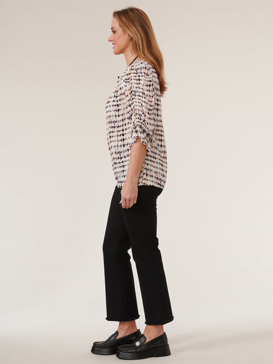 3/4 Flounce Sleeve Embroidered Placket Printed Woven Top