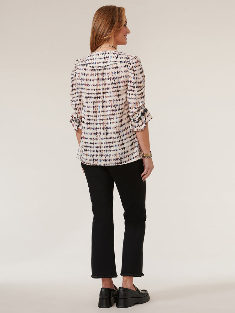 Natural Multi Three Quarter Flounce Sleeve Embroidered Placket Printed Woven Top