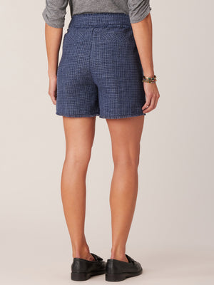 Indigo Tweed Skyrise 4.5 Inch Inseam Double Button Extended Tab Pleated Fray Hem Short