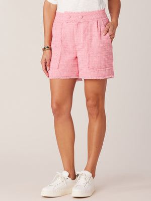 Paradise Pink Tweed Skyrise 4.5 Inch Inseam Double Button Extended Tab Pleated Fray Hem Short