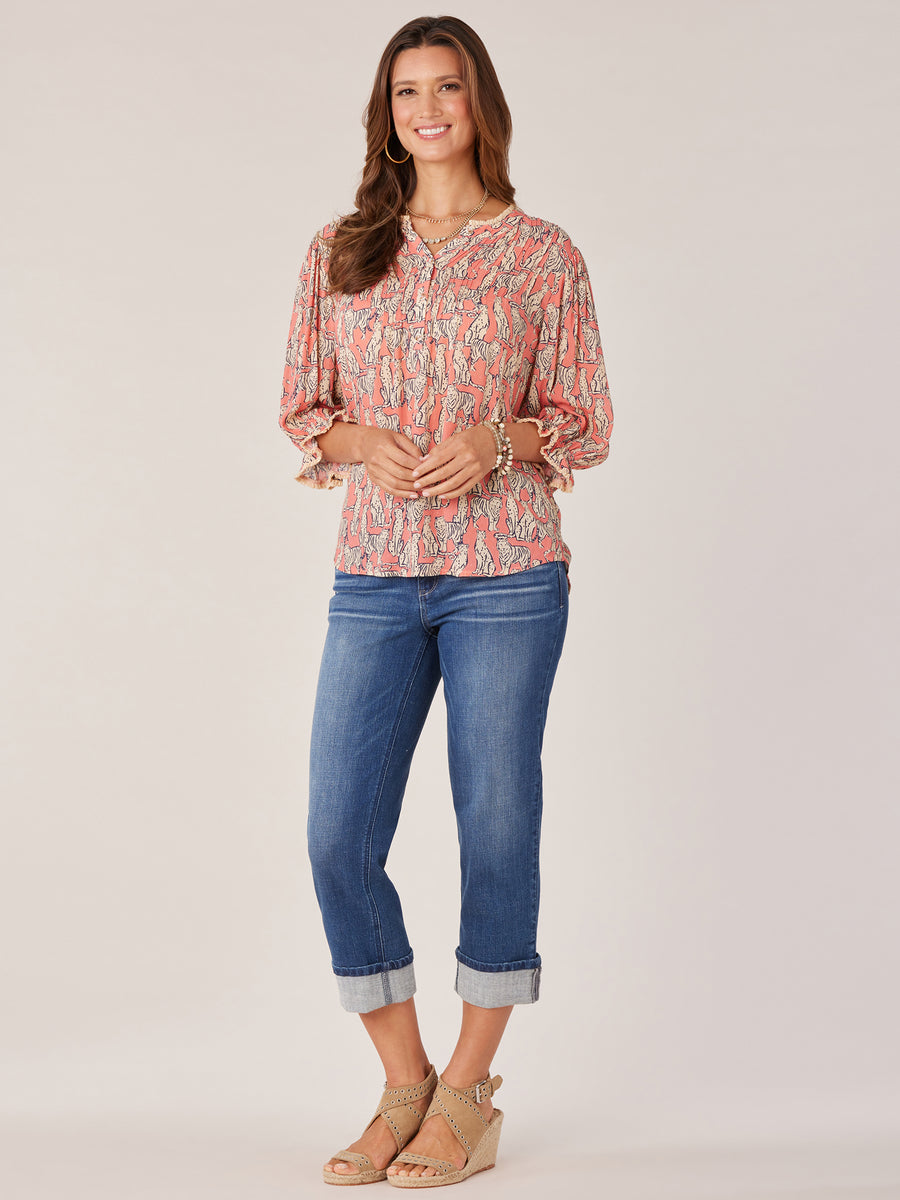 Elbow Lantern Sleeve Pintuck Front Floral Print Woven Top