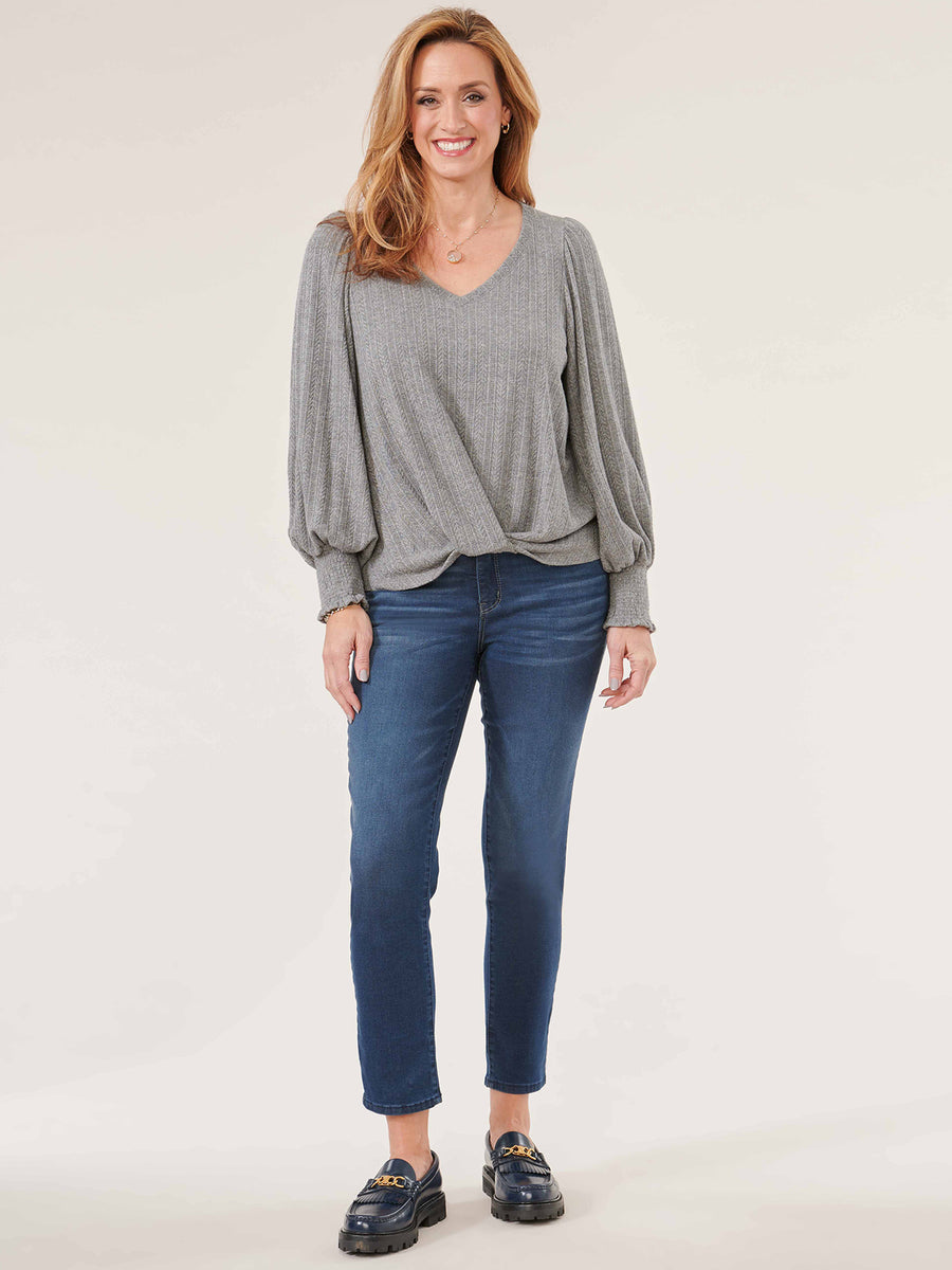 Long Blouson Sleeve V-Neck Twisted Hem Jacquard Knit Top