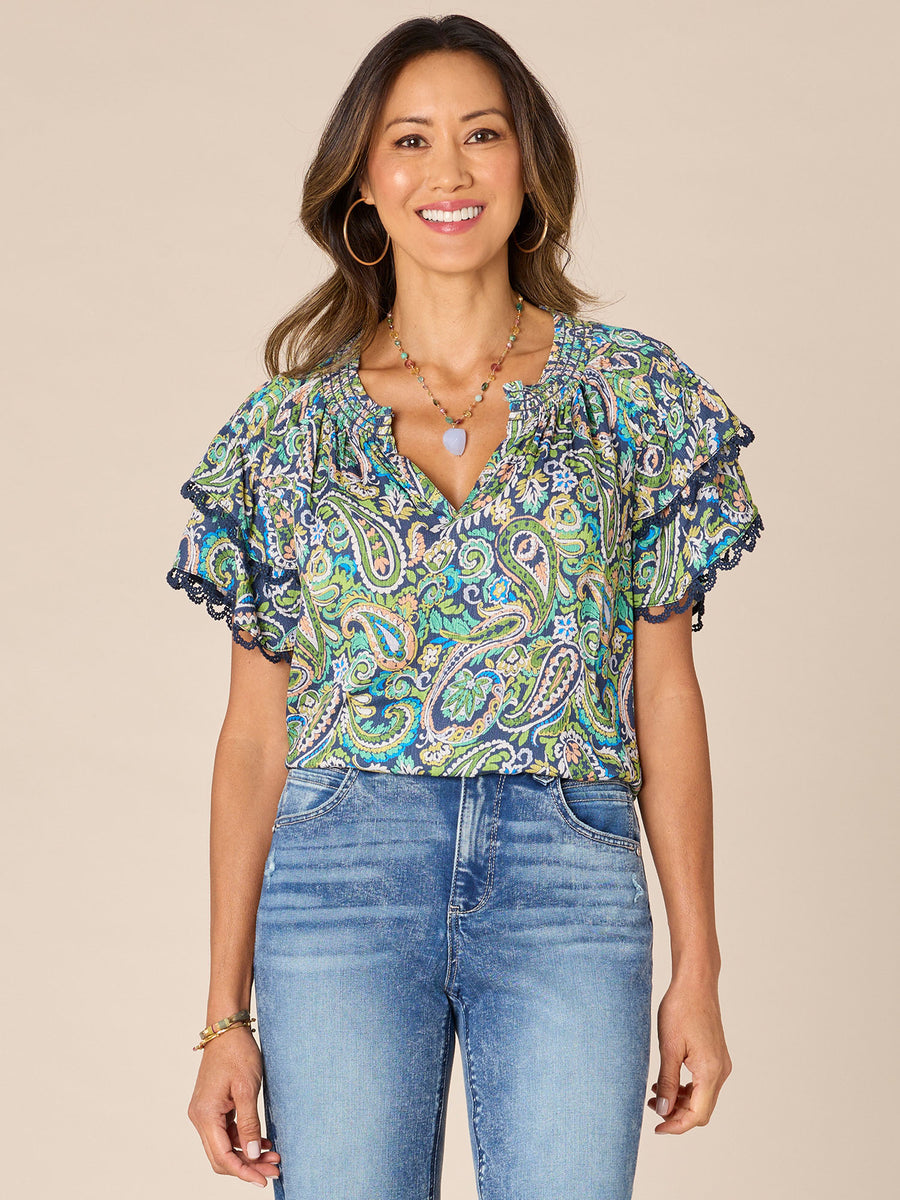 Short Double Flounce Sleeve Smock Neck Printed Woven Top