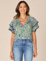 Double Flounce Sleeve Smock Neck Petite Floral Woven Top