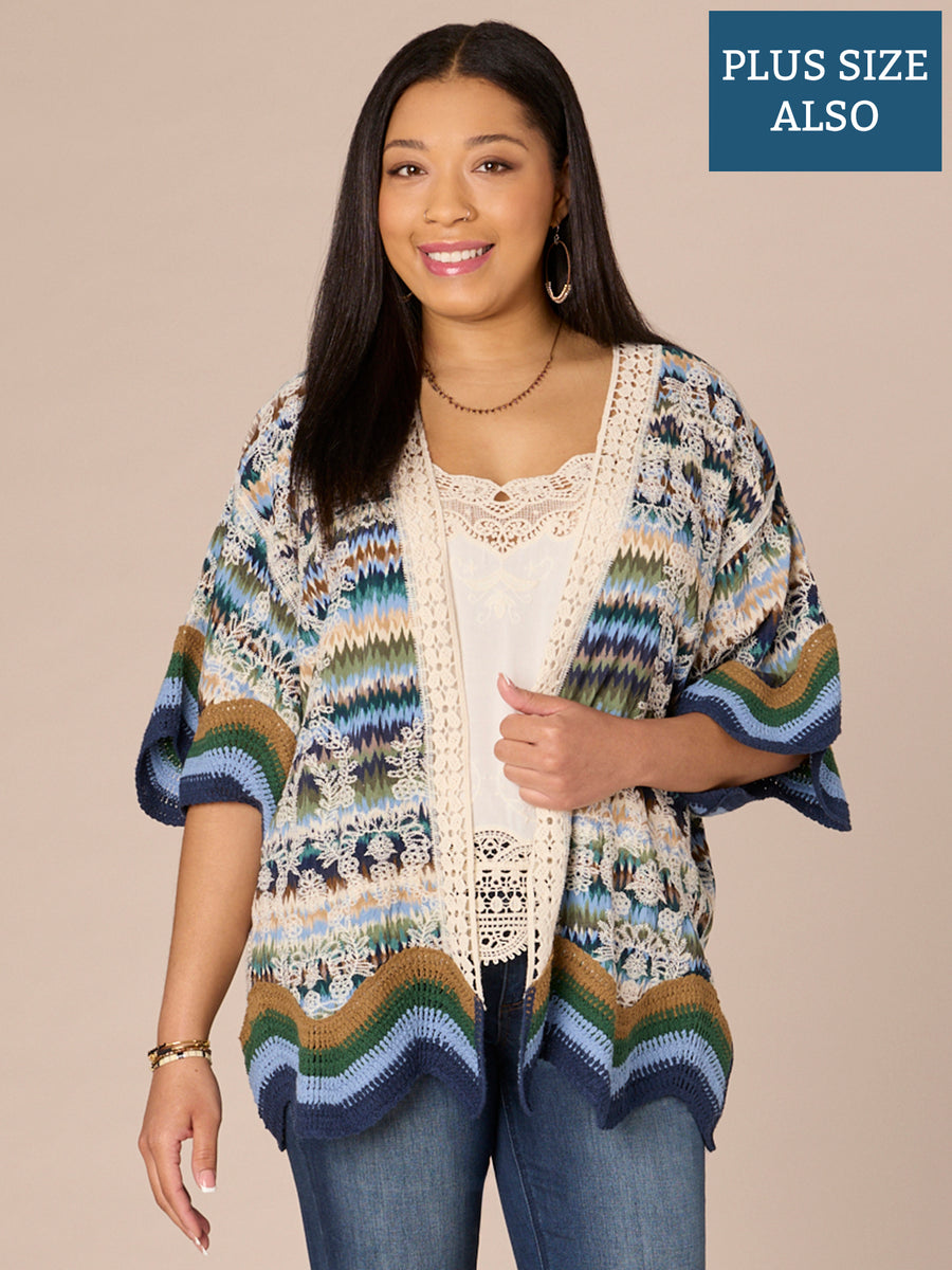 Three Quarter Sleeve Scallop Crochet Printed Woven Plus Size Kimono