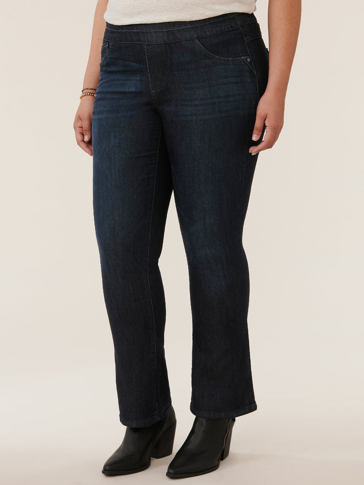 Ab"solution High Rise Indigo Denim Plus Size Pull On Itty Bitty Boot Glider Jeans 