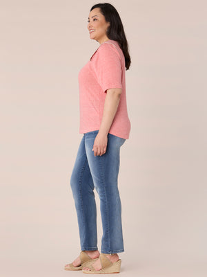 Heather Sweet Melon Elbow Sleeve Flange Shoulder Contrast Stitch Scoop Neck Embroidery Detail Plus Size Knit Top