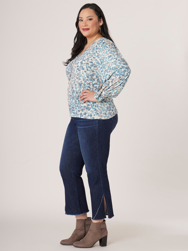 Teal Mocha Multi Long Cuffed Sleeve Wide V-Neck Printed Plus Size Knit Top