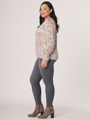 Wisteria Multi Long Cuffed Sleeve Wide V-Neck Printed Plus Size Knit Top