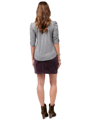 Ruched Elbow Puff Sleeve Scoop Neck Heather Charcoal Grey Knit Tee Shirt