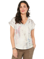 Womens Fashion Cap Roll Cuff Short Sleeve V Neck Watercolor Tie Dye Print Knit Tee Shirt