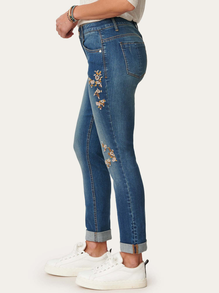 Blue "Ab"solution Roll Cuff Floral Embroidered Petite Girlfriend Jeans
