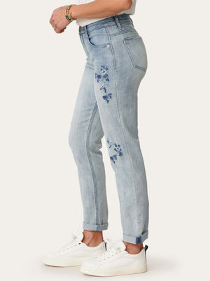 Light Blue Denim "Ab"solution Floral Embroidered Petite Girlfriend Jeans