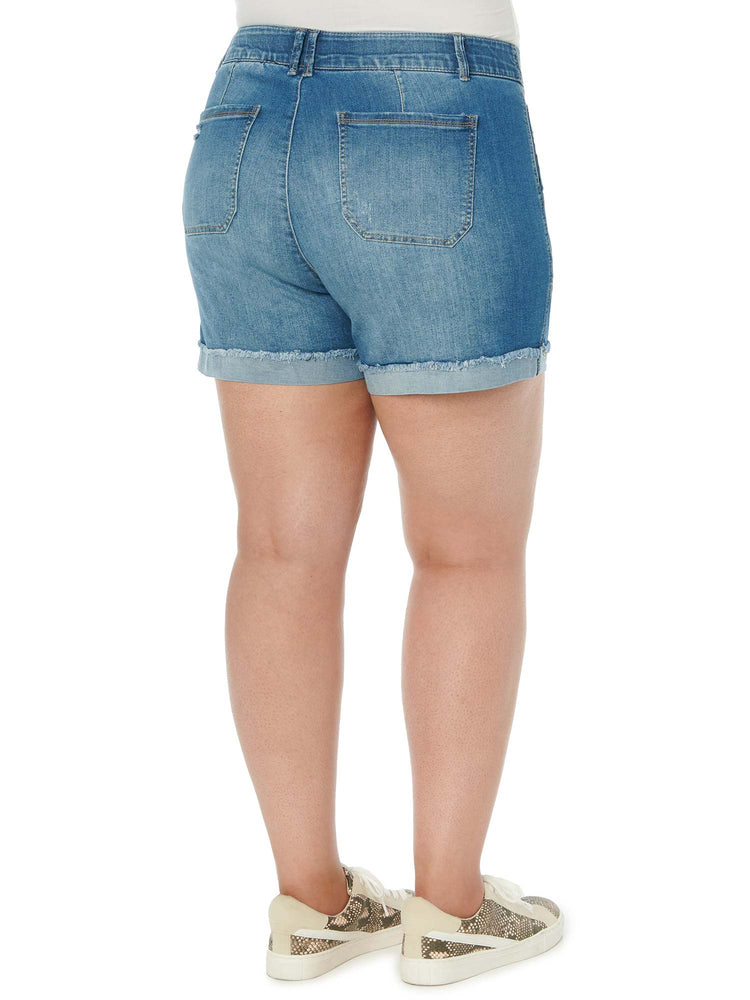 "Ab"solution High Rise Vintage Blue Denim Fray Hem Plus Size Shorts 