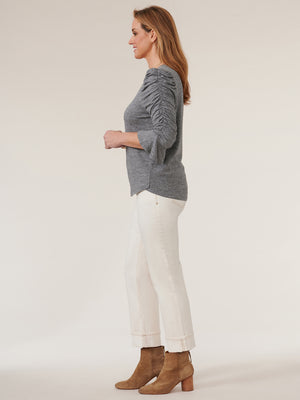 
            
                Load image into Gallery viewer, Heather Charcoal Grey Three Quarter Ruched Flounce Sleeve V Neck Shirtail Hem Knit Top
            
        