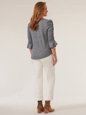
            
                Load image into Gallery viewer, Heather Charcoal Grey Three Quarter Ruched Flounce Sleeve V Neck Shirtail Hem Knit Top
            
        