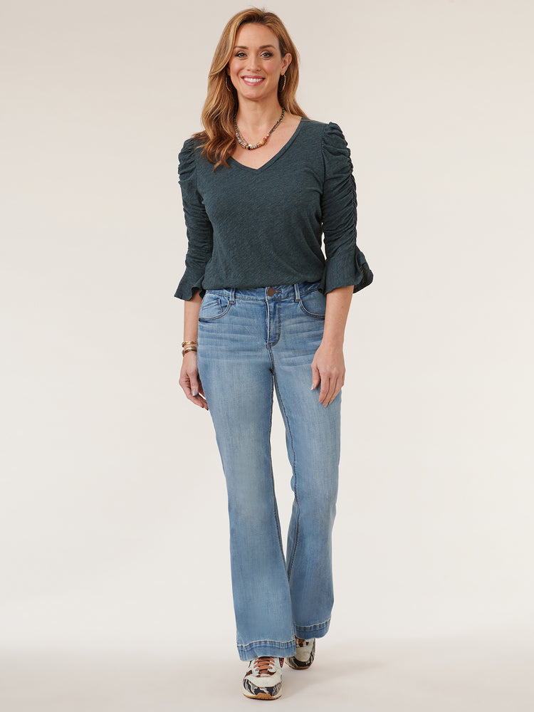 
            
                Load image into Gallery viewer, Heather Slate Teal Ruched Three Quarter Flounce Sleeve Petite V Neck Knit Top
            
        