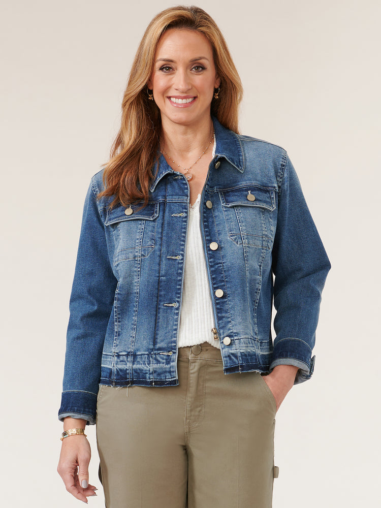 
            
                Load image into Gallery viewer, Petite Zip Button Front Mid Blue Vintage Distressed Denim Jacket
            
        