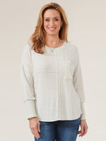 Heather Cream Long Banded Sleeve Scoop Neck Metallic Seaming Pocket Knit Top