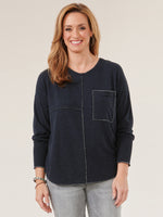 Heather Navy Long Banded Sleeve Scoop Neck Metallic Seaming Pocket Knit Top