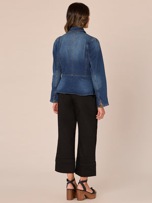 Blue Long Puff Shoulder Sleeve Patch Pocket Side Entry Pocket Collared Snap Front Peplum Jacket