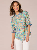 Island Sky Macadamia Nut Elbow Banded Puff Sleeve Floral Print Button Front Eyelet Ruffle Collar Neck Woven Top
