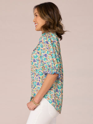 Island Sky Macadamia Nut Elbow Banded Puff Sleeve Floral Print Button Front Eyelet Ruffle Collar Neck Woven Top