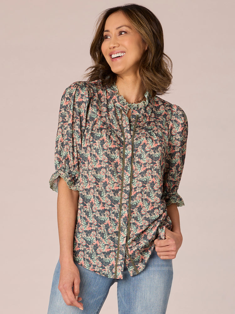 Olive Coral Multi Elbow Banded Puff Sleeve Floral Print Button Front Eyelet Ruffle Collar Neck Woven Top